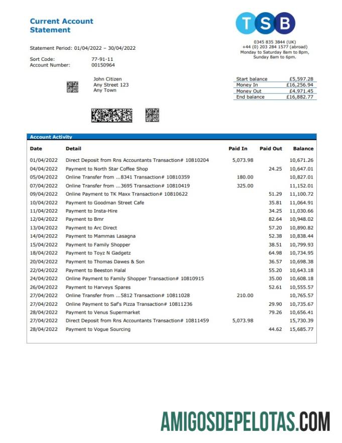 Extrato bancário TSB do Reino Unido em branco, modelo Word e PDF